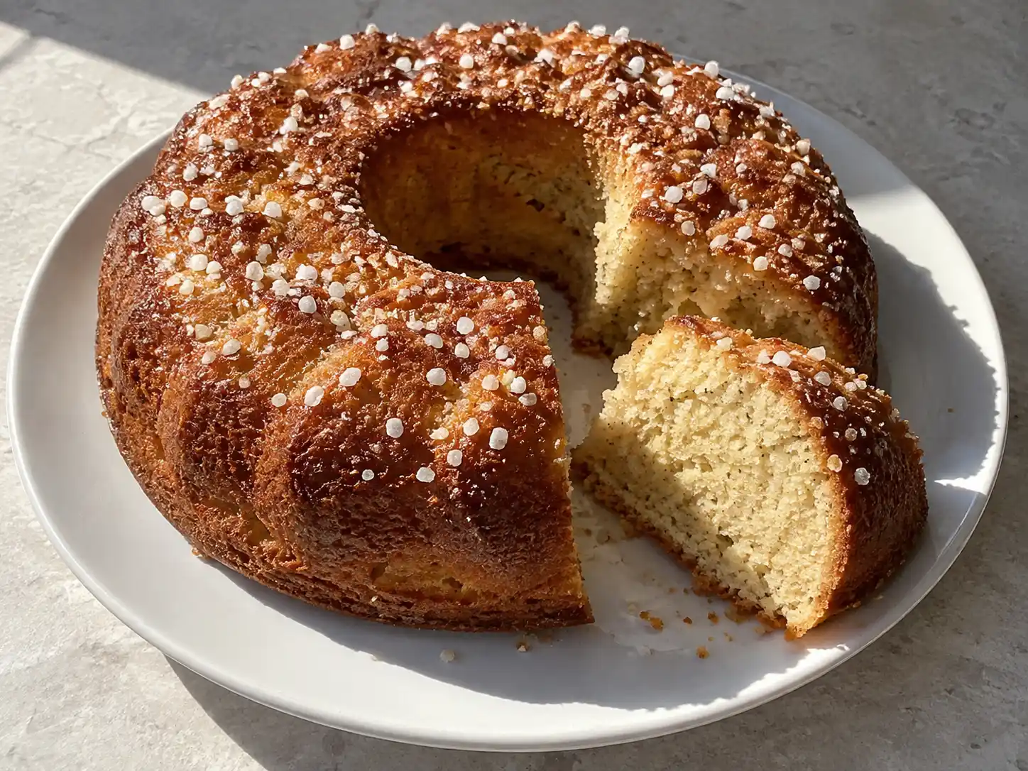 kardemumma sockerkaka med gyllene yta, pärlsocker och saftig smula på ett enkelt vitt fat