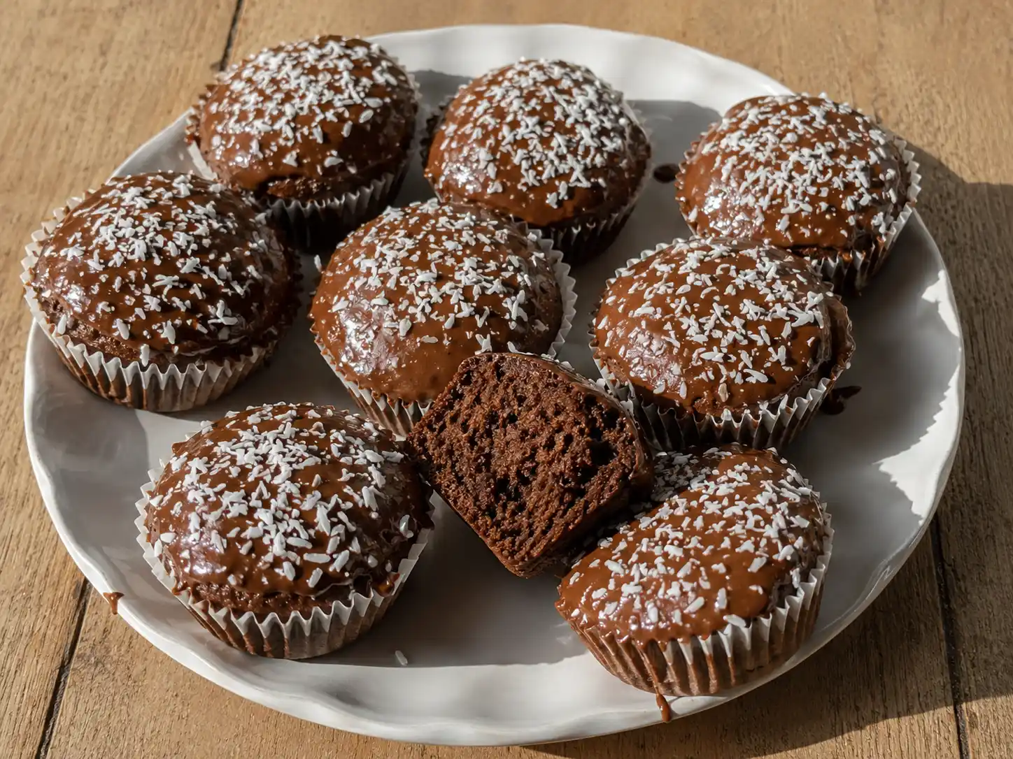 kärleksmums muffins med blank chokladglasyr, kokos på toppen och saftig mörk chokladbotten