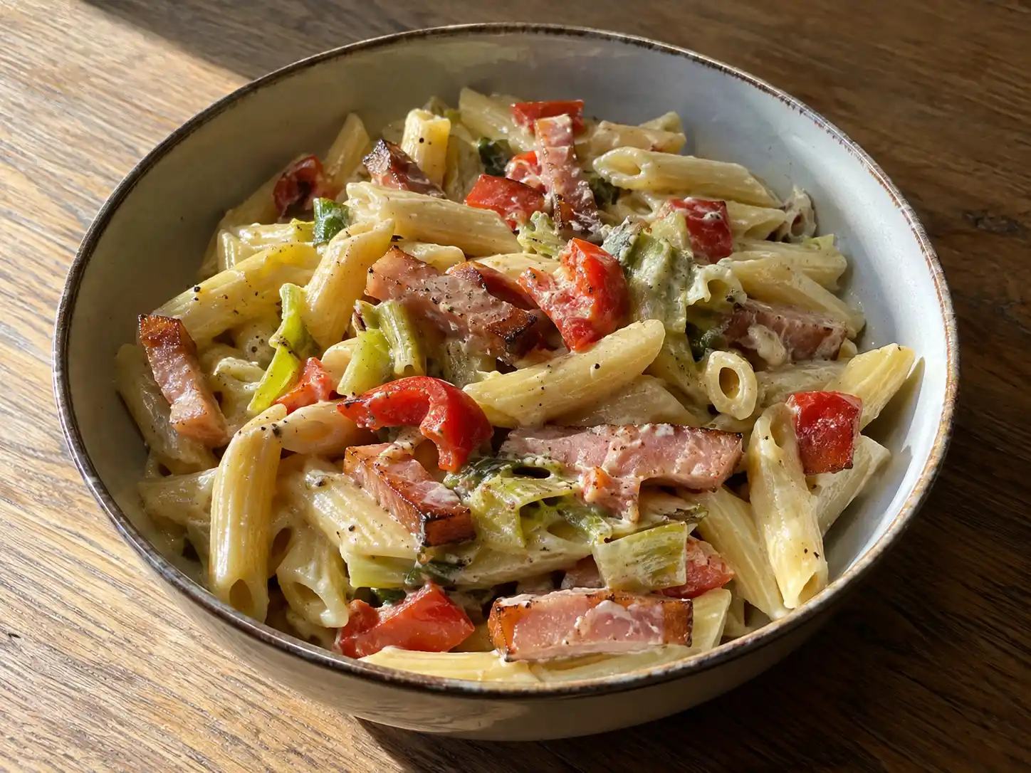 kassler med pasta med penne, gyllenstekt kassler, röd paprika och purjolök i krämig sås