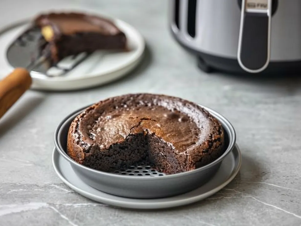 Kladdkaka i airfryer med blank yta och kladdig kärna, bakad i liten rund form och skuren i bitar.