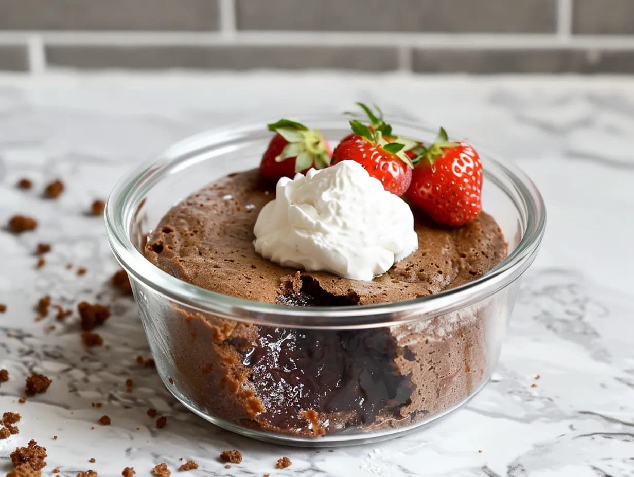 Kladdkaka i mikron serverad varm ur skål med kladdig mitt, kakao och bär på toppen.