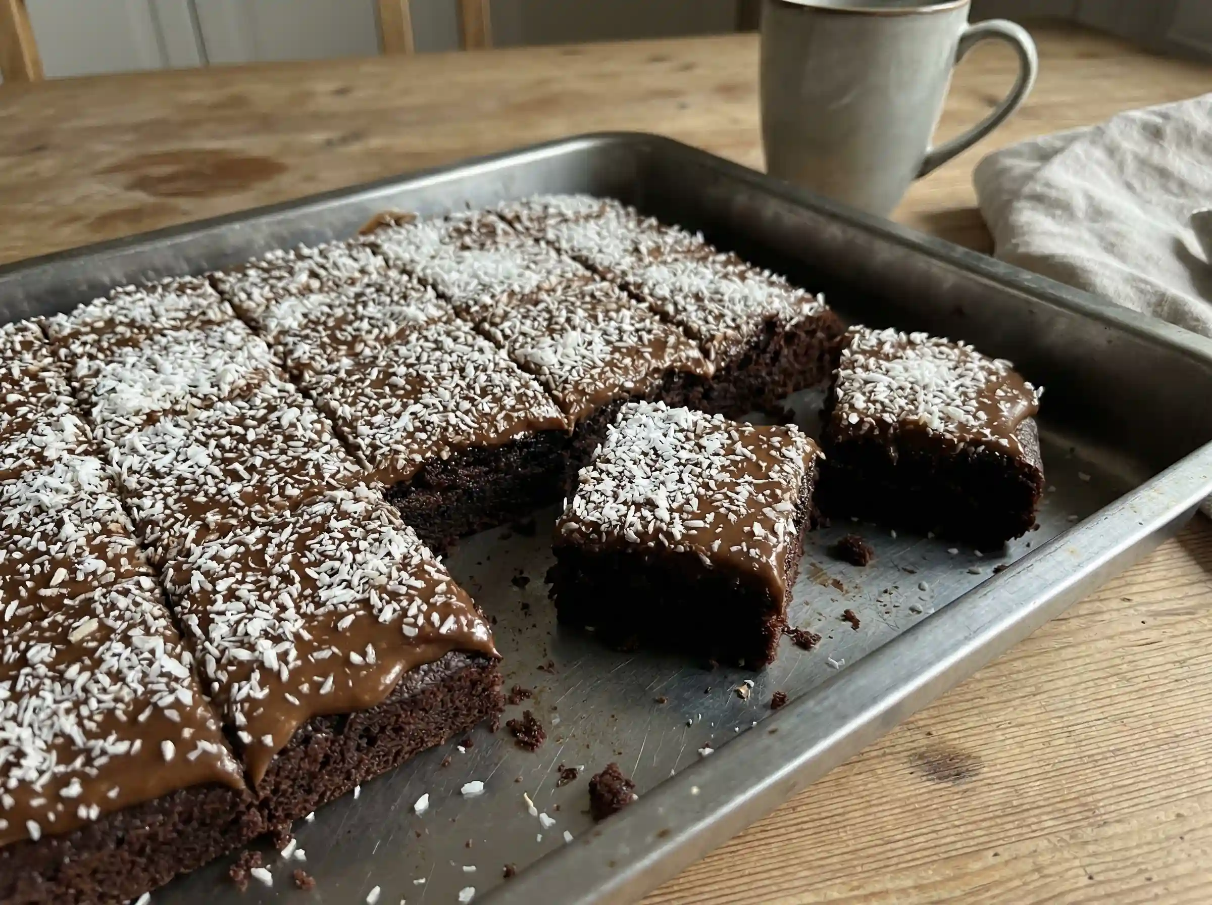 Kladdkaka kärleksmums i rutor med kaffeglasyr och kokos, saftig chokladbotten från långpanna.
