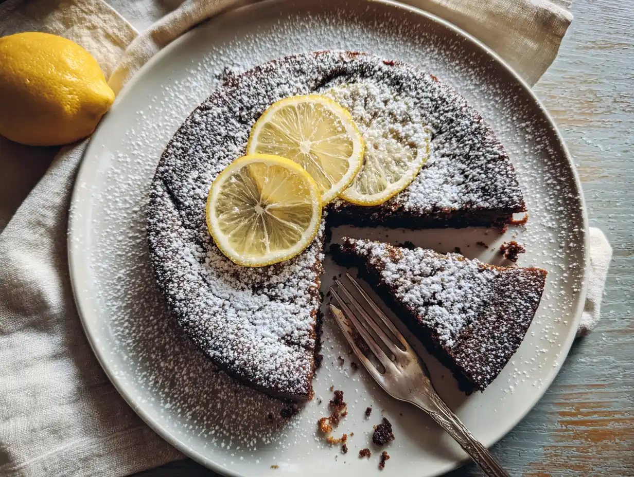 kladdkaka påsk i rund springform med florsocker och citronskivor på en träskiva i dagsljus hemma