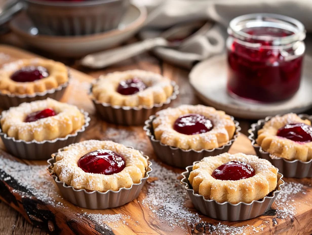 Hallongrottor i små formar med spröd kant och hallonsylt i mitten, redo för fika.