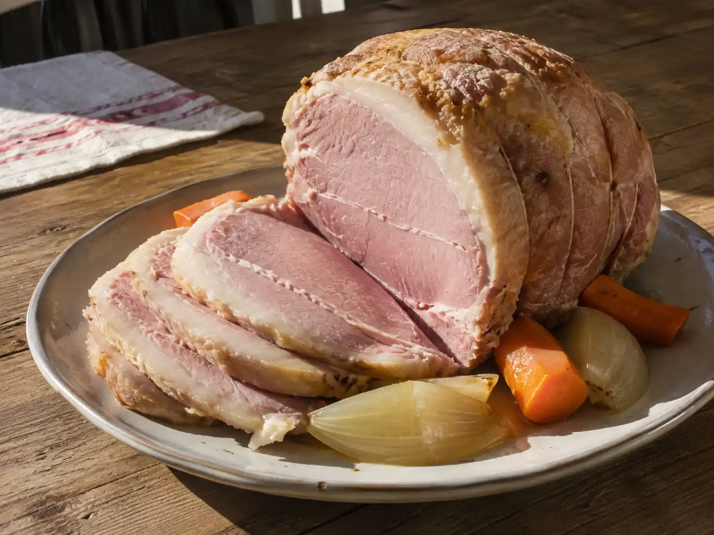 koka julskinka med saftiga skivor, ljus fettrand och mild doft av lagerblad, lök och kryddpeppar