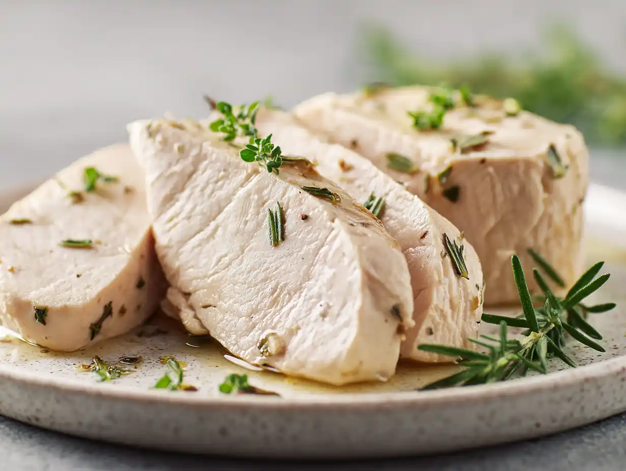 Koka kycklinglårfilé pocherad i örtkryddad buljong, redo att skivas och användas i matiga sallader.