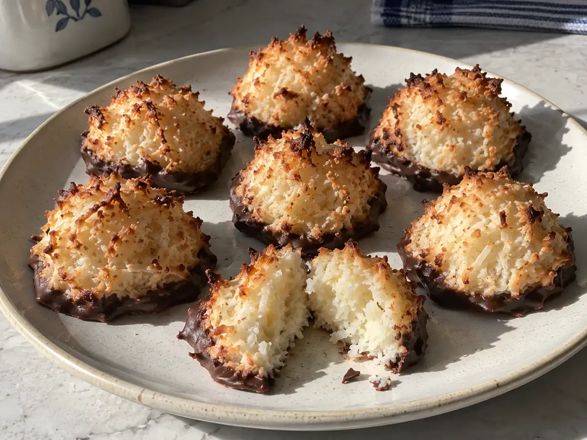 kokostoppar med gyllene kokosflingor och mörk choklad runt botten, samlade på ett ljust keramikfat.