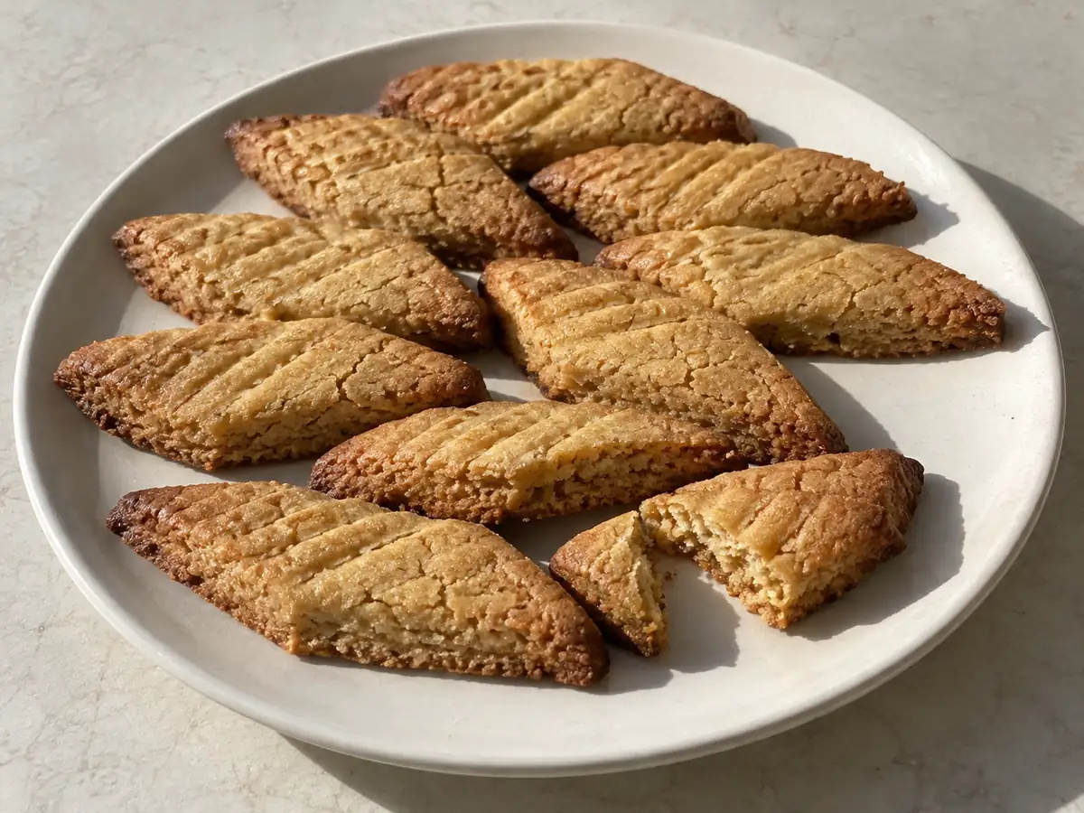 Gyllene kolasnittar med sneda kanter och lätt sprucken yta, lagda omlott på ett enkelt keramikfat.
