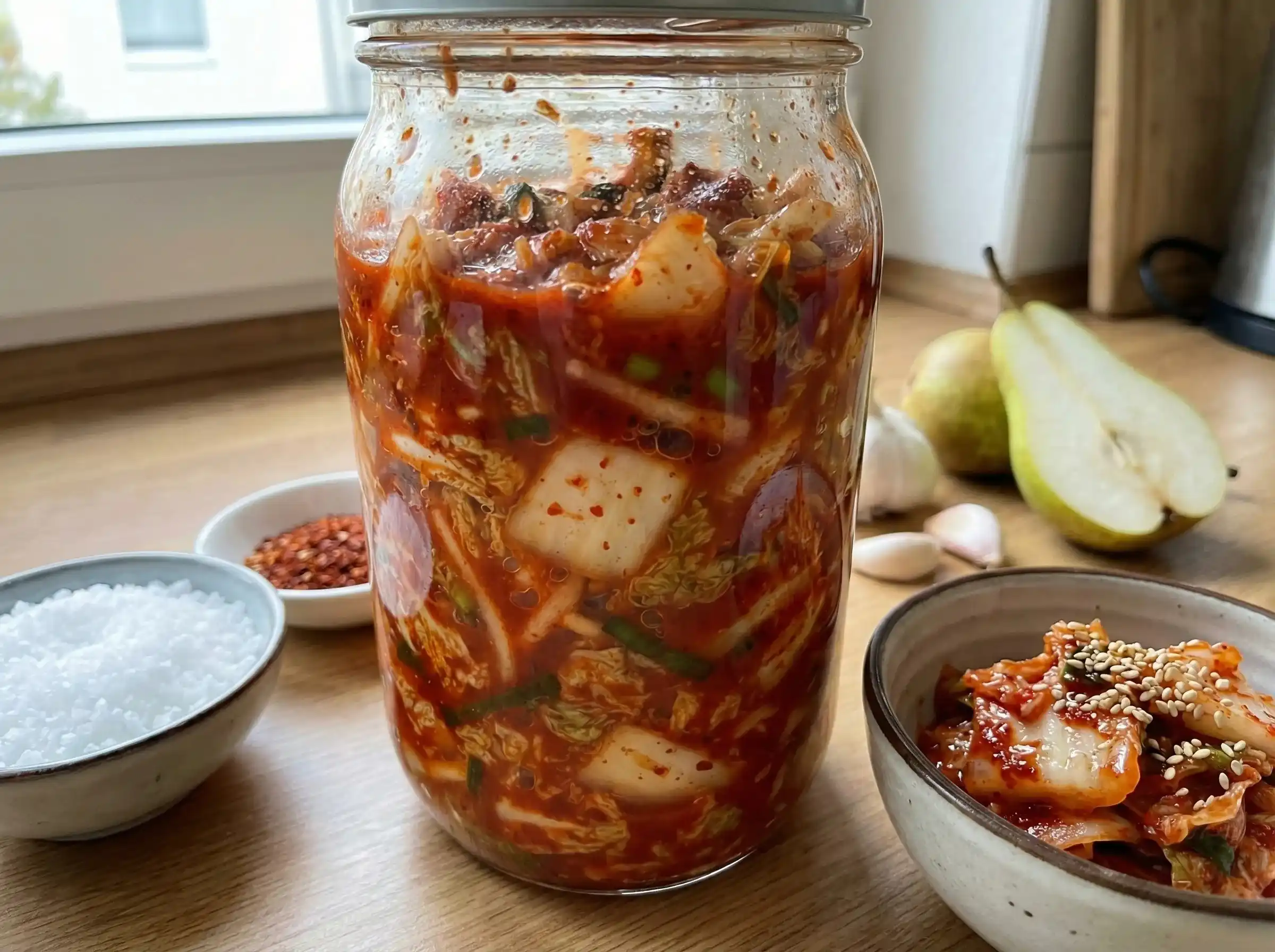 Traditionell koreansk kimchi i en glasburk, vackert presenterad med salladslök.