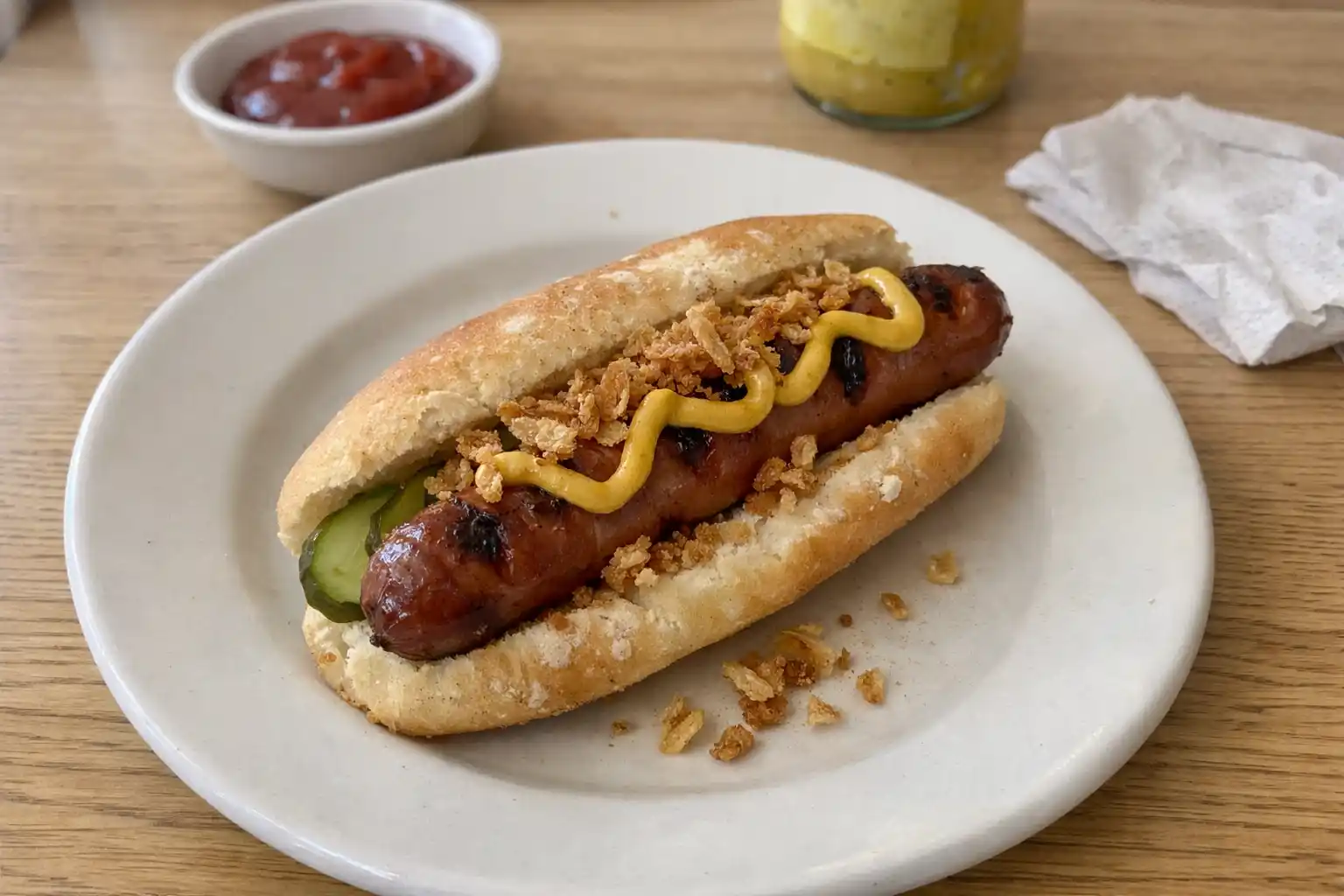 Korv med bröd serverad med senap och rostad lök på enkel tallrik hemma i köket.