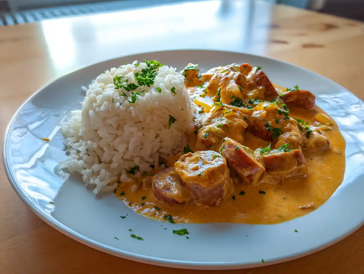 Korvstroganoff med ris serverad i djup tallrik med krämig tomatsås, bitar av falukorv och nykokt vitt ris.