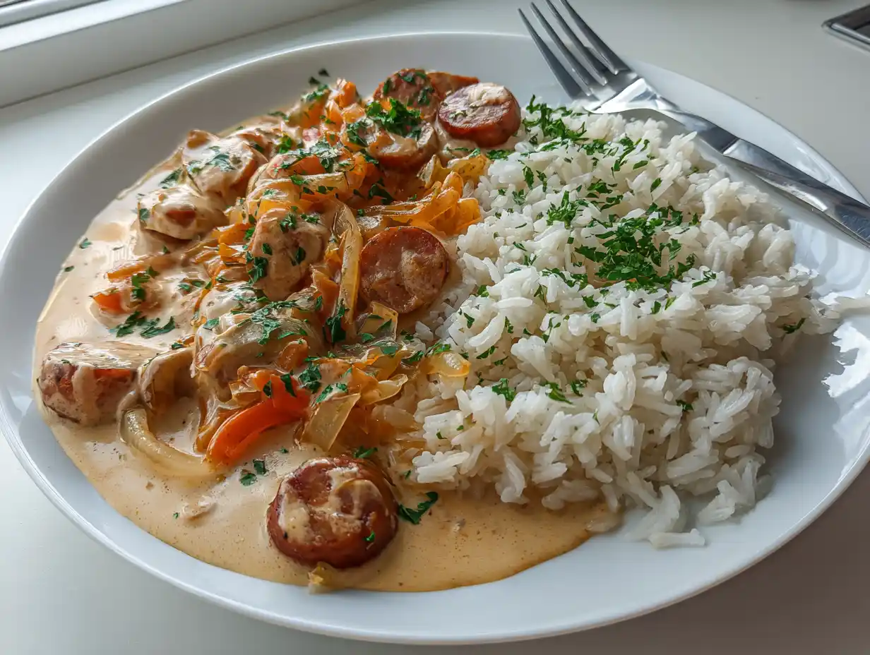Korvstroganoff recept crème fraiche serverad med ris på vit tallrik, krämig tomatsås, brynt falukorv och persilja i enkelt hemmakök.