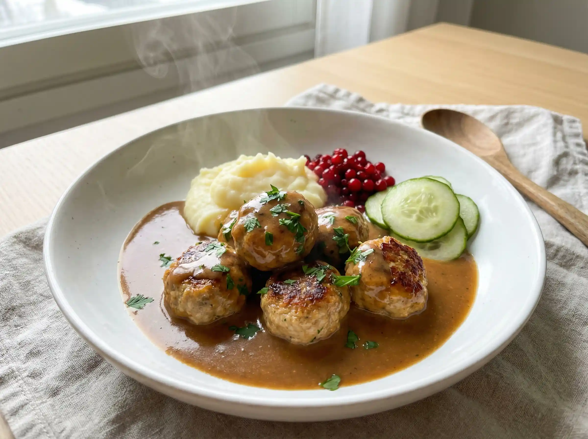 köttbullar med gräddsås serverade på tallrik med len sås, persilja och gyllenbruna köttbullar.