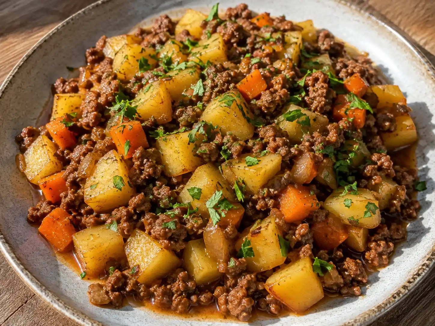 köttfärs med potatis i panna med gyllene potatisbitar, brynt färs, morot, lök och persilja