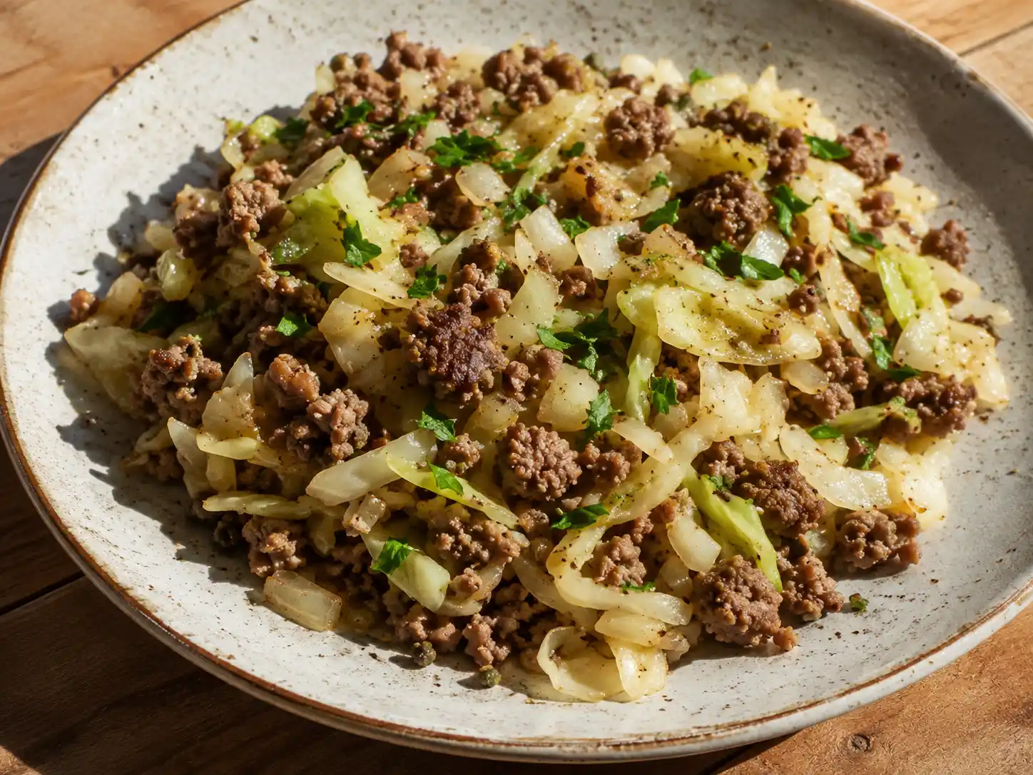 köttfärs med vitkål i stekpanna med brynt färs, mjuk gyllene kål och hackad persilja på toppen