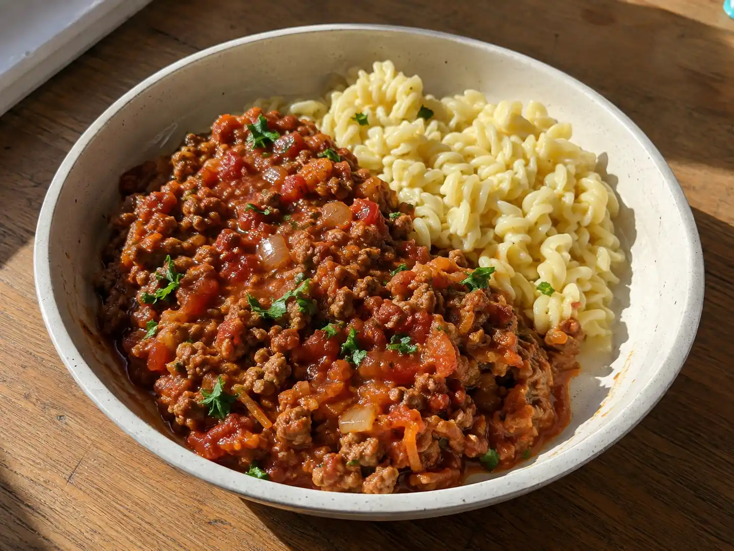 köttfärs recept med brynt färs, tomat, morot och örter serverat som en mustig vardagsgryta