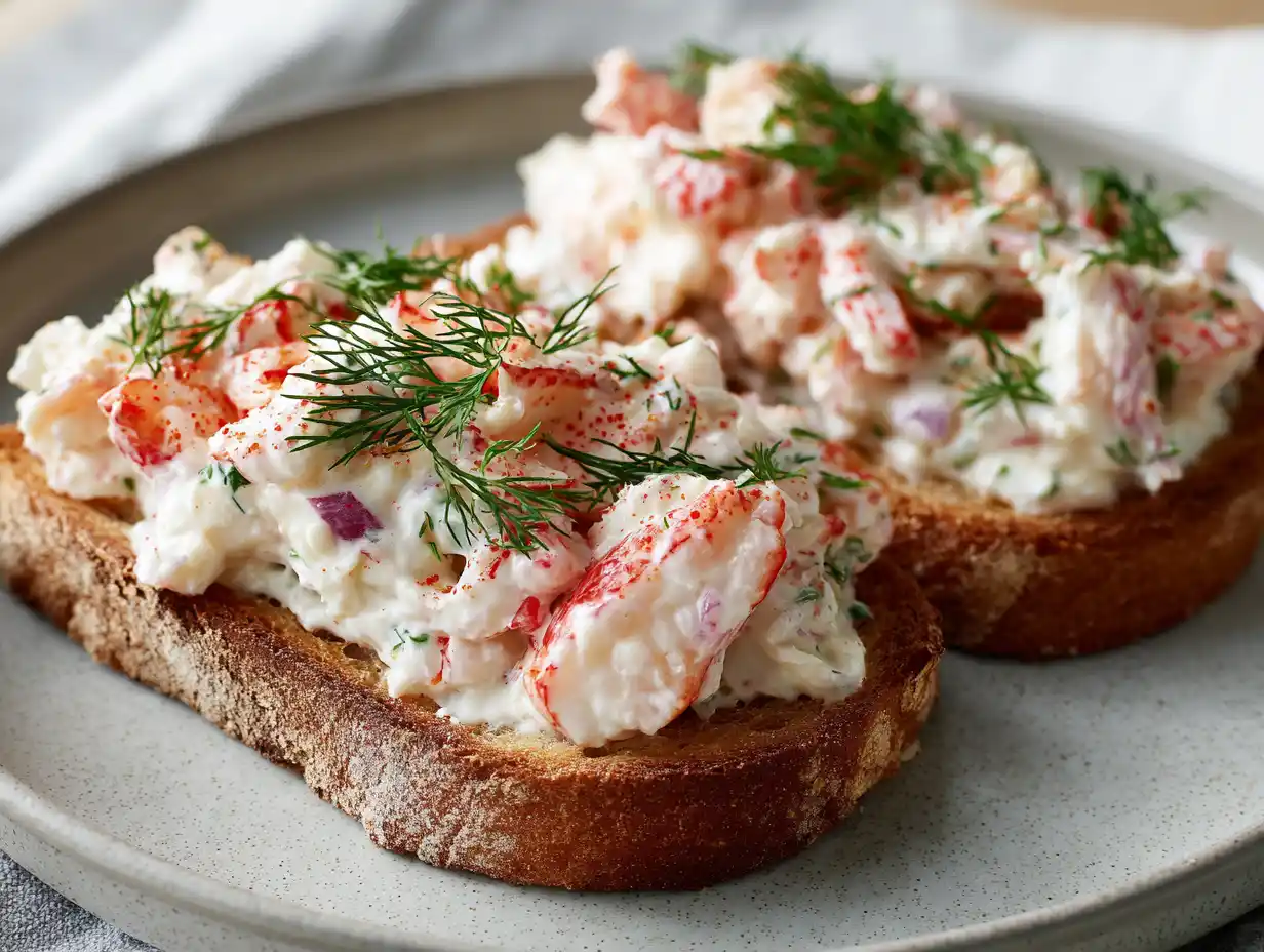 kraftstjartar toast skagen style auf knusprigem Toast mit cremiger Krebsmischung, Dill, Zitrone und feiner Garnitur