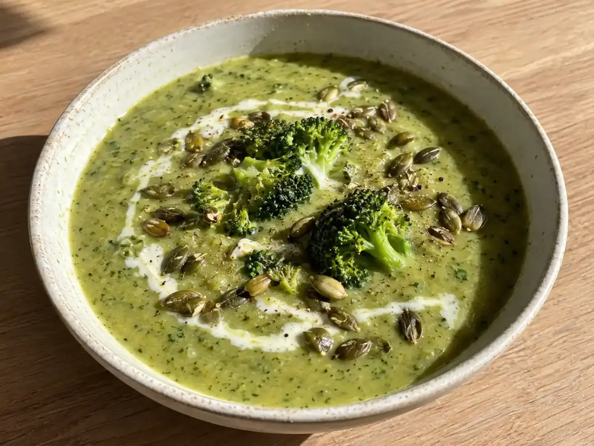 Krämig broccolisoppa i skål med gröna broccolibuketter, grädde och rostade pumpakärnor på toppen