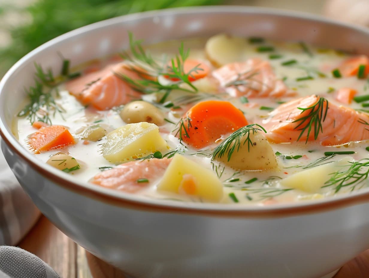 En närbild på en skål med rykande varm krämig laxsoppa med potatis toppad med färsk dill och serverad med bröd.
