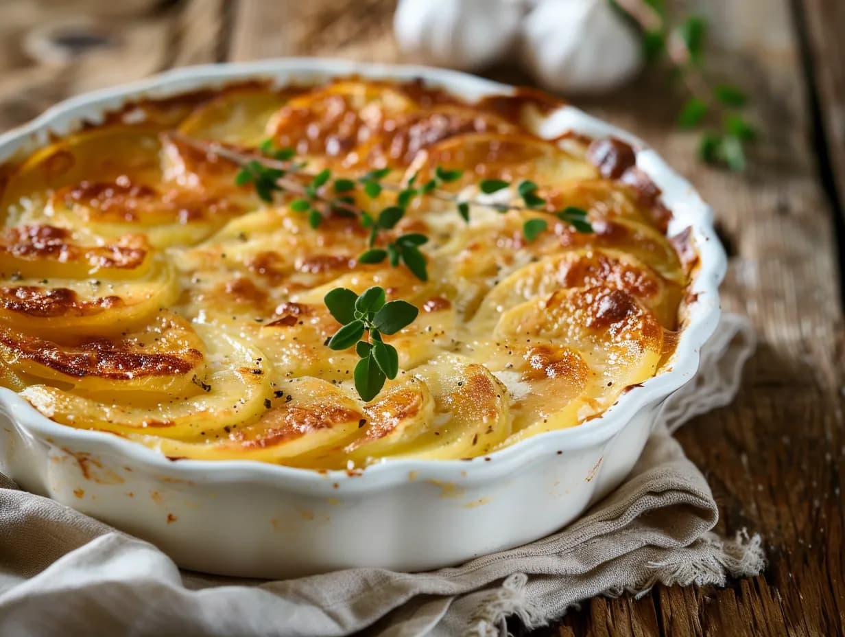 En ugnsform fylld med rykande varm krämig potatisgratäng med gyllenbrun yta och bubblande gräddsås.