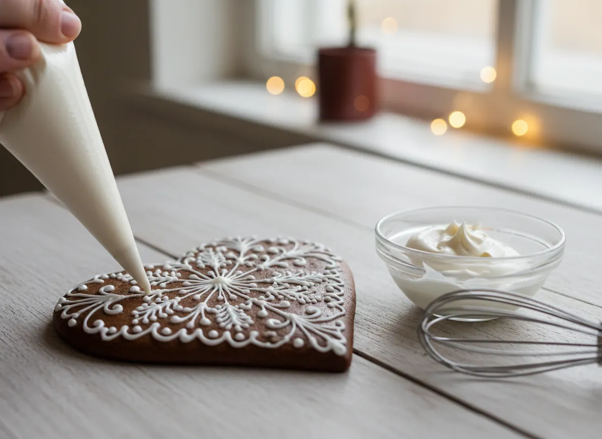 En närbild på vit, krämig och glansig kristyr som spritsas i vackra mönster på en mörkbrun pepparkaka.