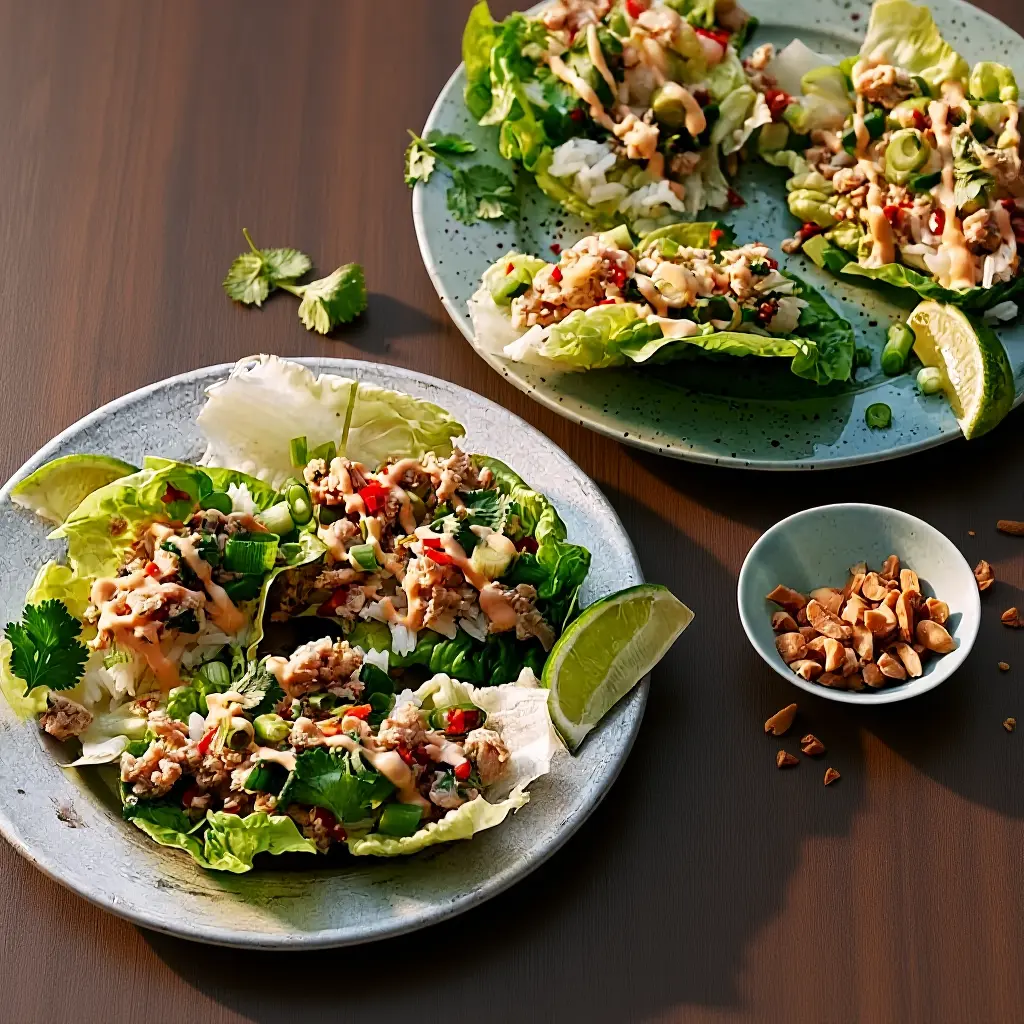 Kryddig färs i salladsblad med ris och chilimajo