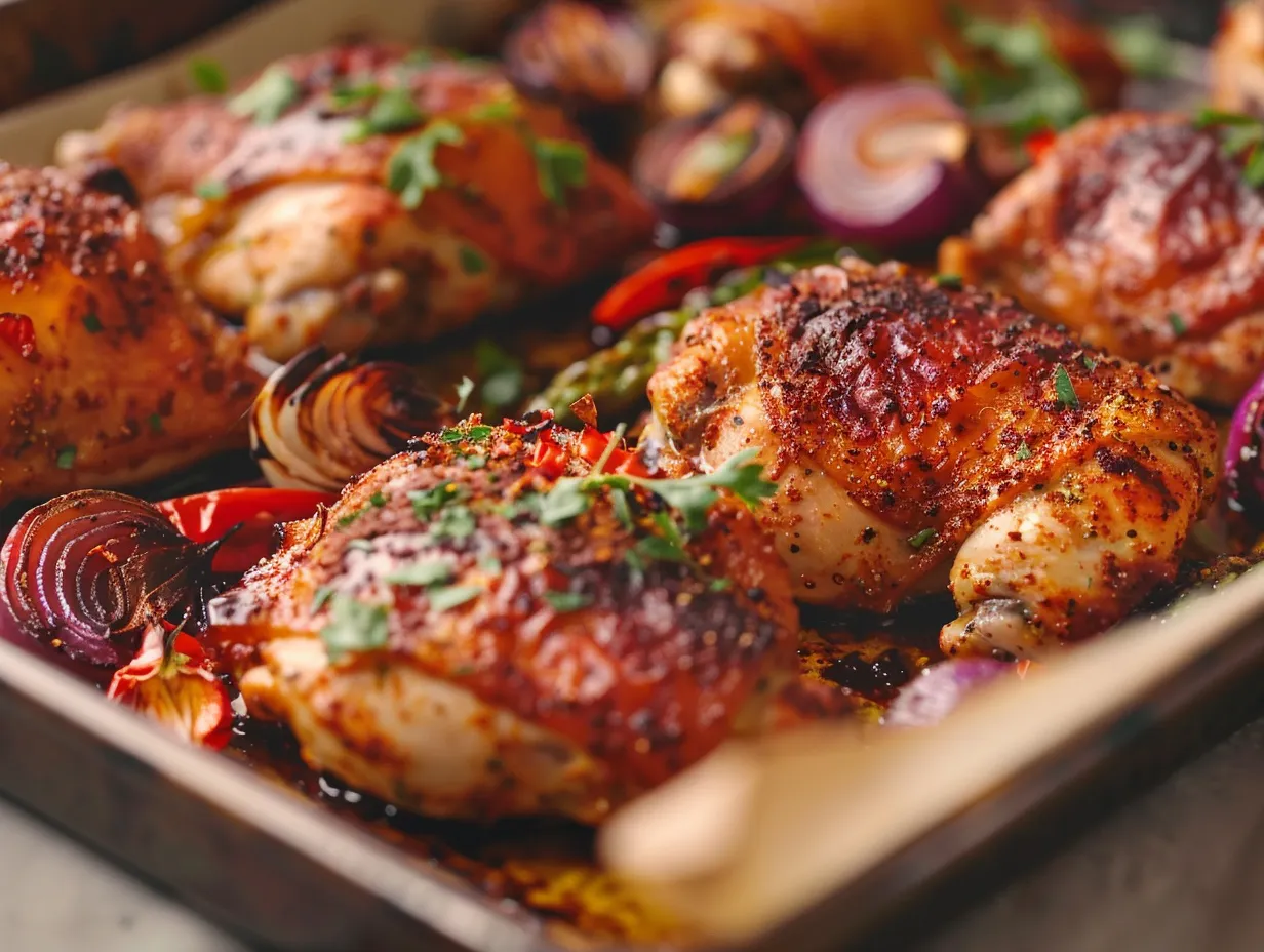 En plåt med rykande varma kryddiga kycklinglår i ugn med gyllenbrun yta serverade med färska örter.