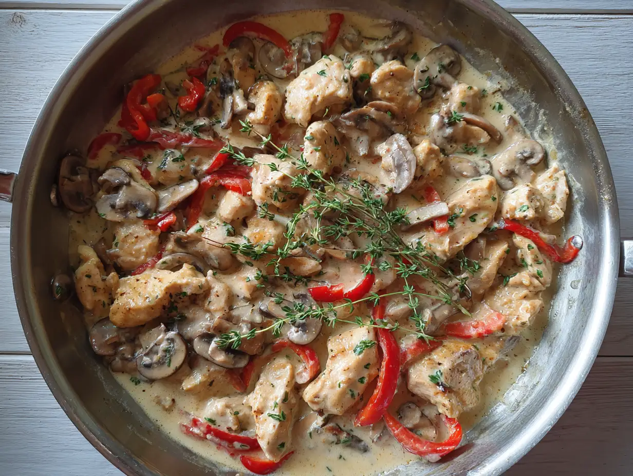 kyckling creme fraiche i stekpanna med champinjoner, paprika och krämig sås, timjanskvist på toppen