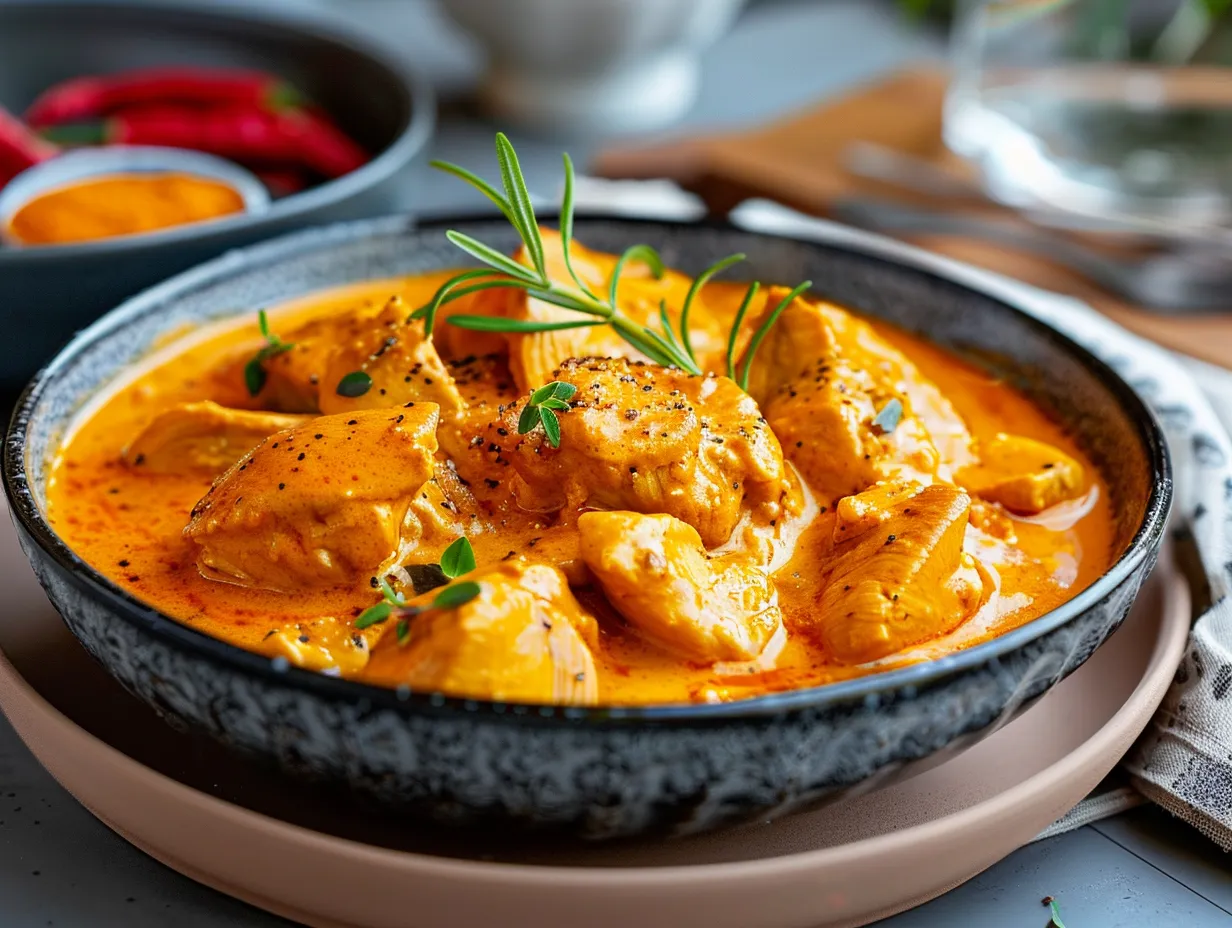 En hemtrevlig stekpanna fylld med krämig kyckling curry ica stil blandad med färgglad paprika och lök.