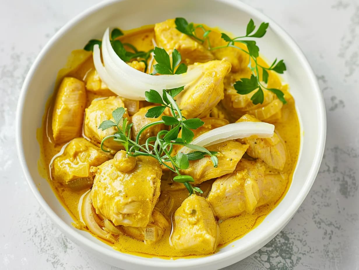 En inbjudande tallrik med kyckling curry kokosmjölk i krämig gul sås, serverad med ris och toppad med persilja.