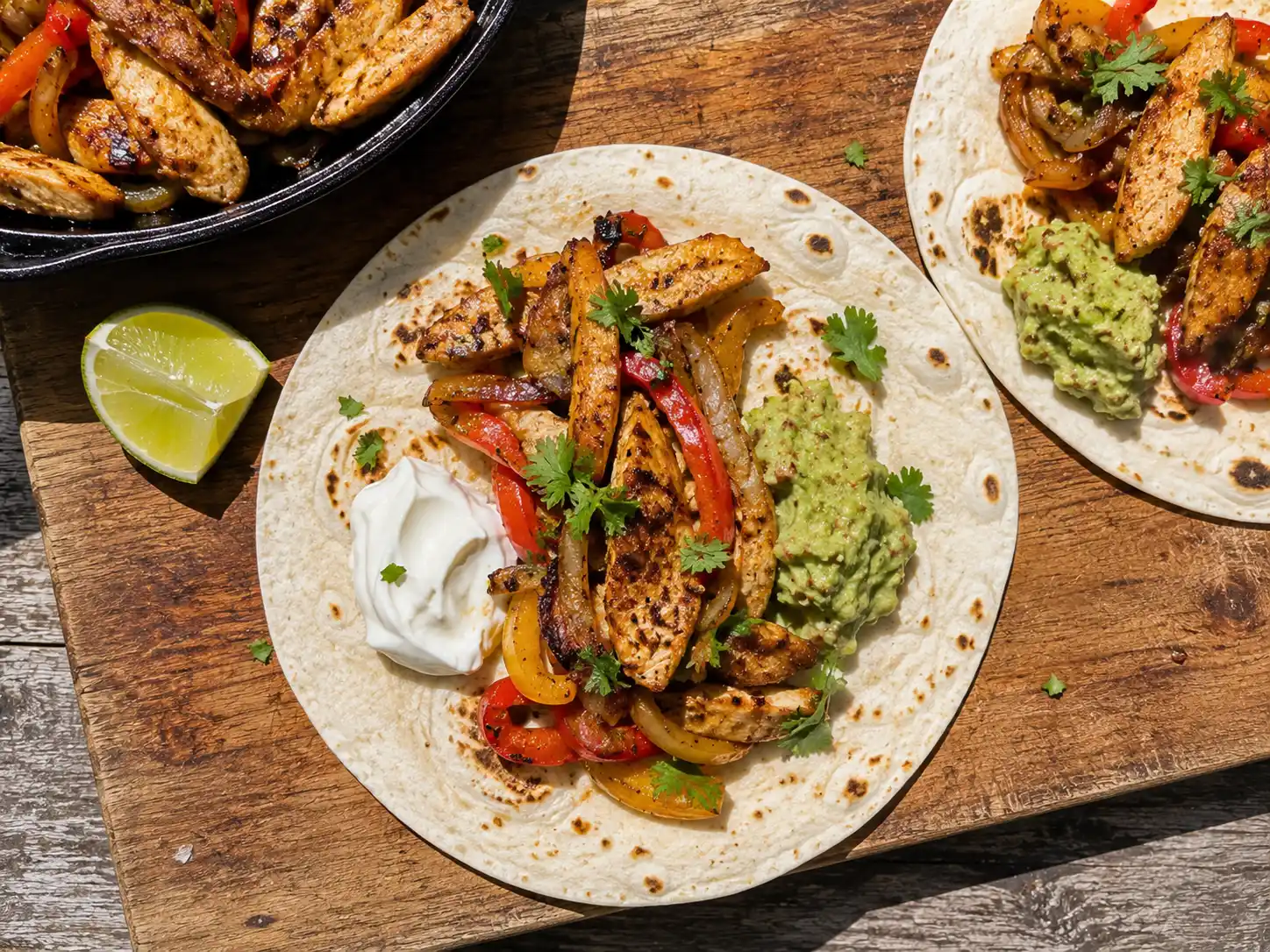 Kyckling fajitas med strimlad kyckling, röd och gul paprika och lök serverad i varm tortilla med guacamole och gräddfil, sedd uppifrån.