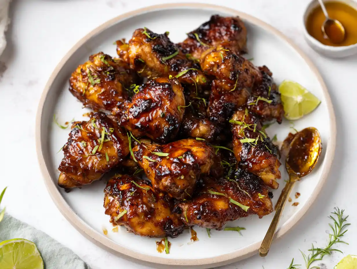 kyckling glaze penslad på grillad kyckling med blank yta, gyllene färg, citrus, vitlök och lätt karamelliserade kanter.