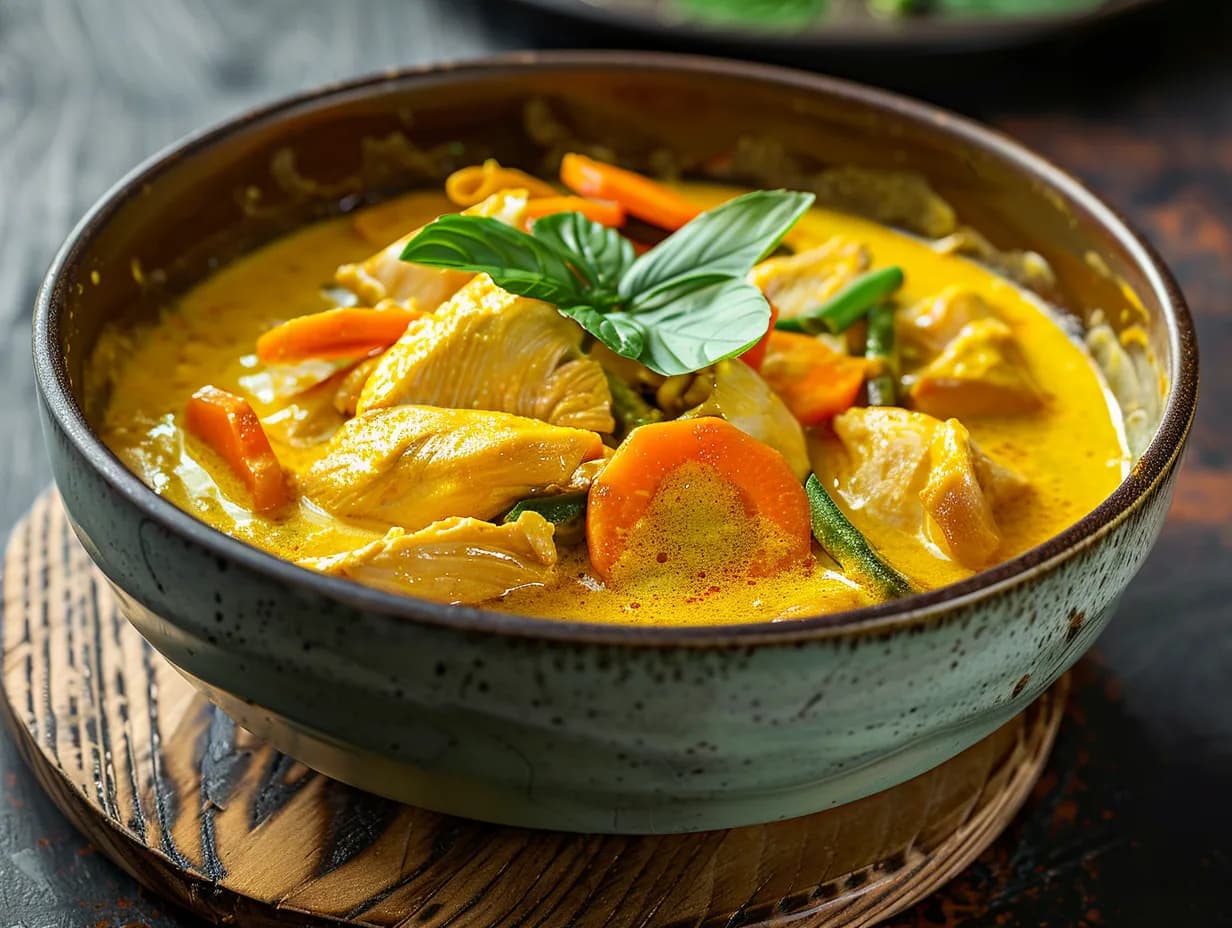 En inbjudande skål med krämig kyckling gul curry serverad med ris och toppad med färska örter.