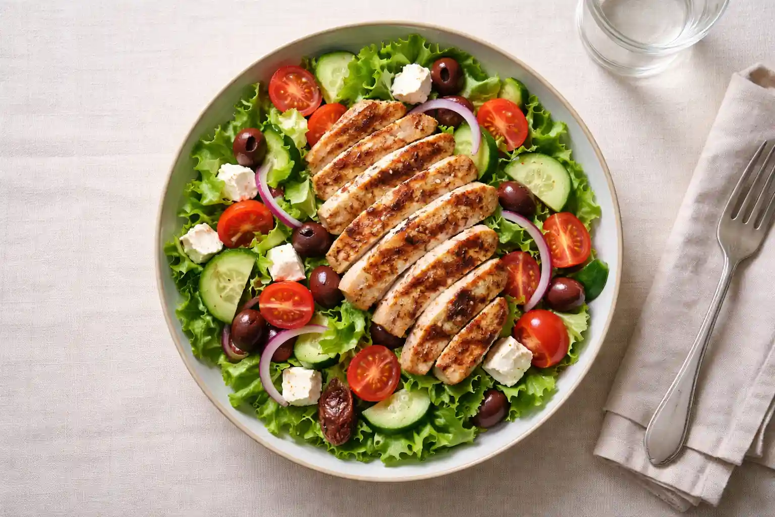 Kyckling i sockerkaksform uppskuren i tunna skivor och serverad med sallad på tallrik.