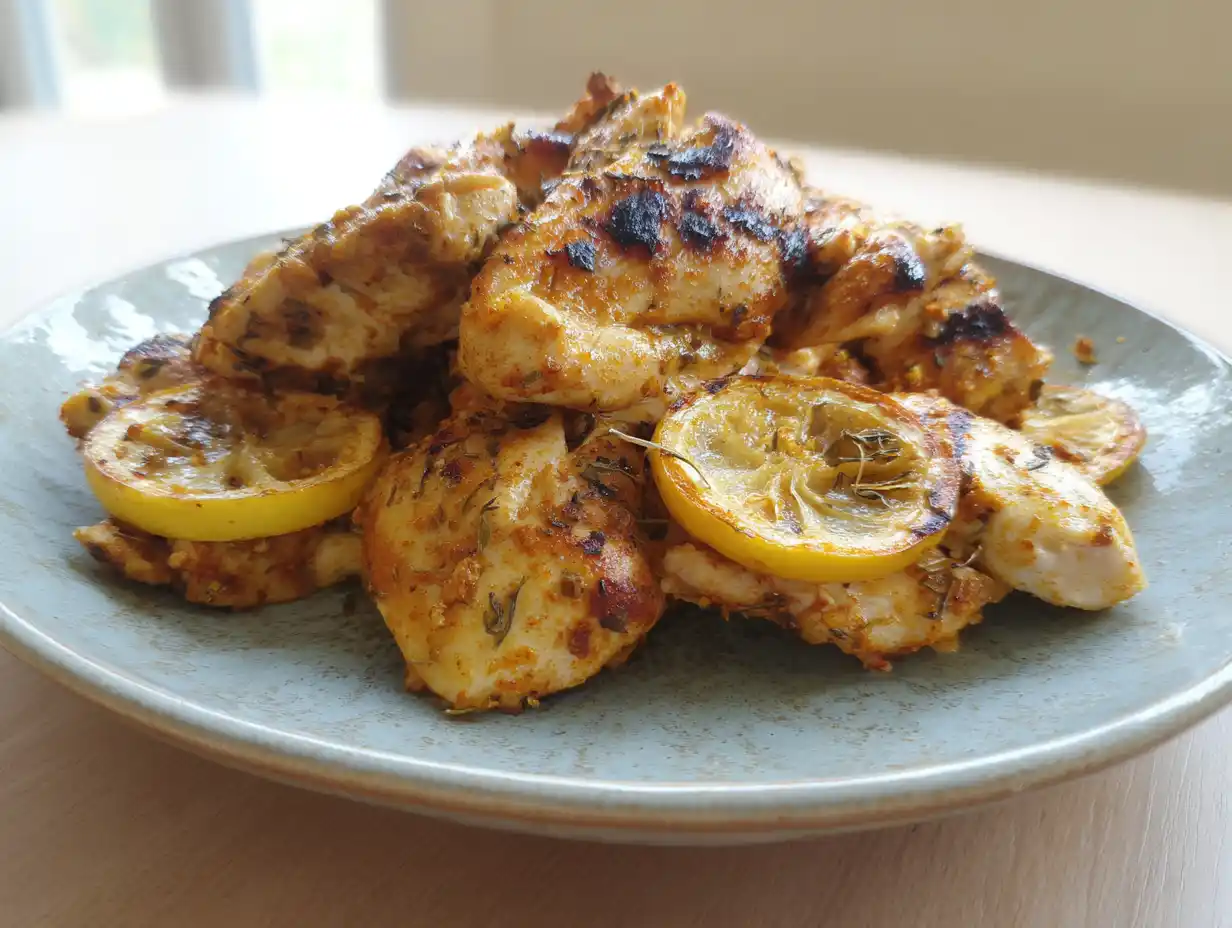 Kyckling marinad på färdigstekt kyckling med gyllene yta, citron och örter på enkel tallrik hemma i naturligt ljus.