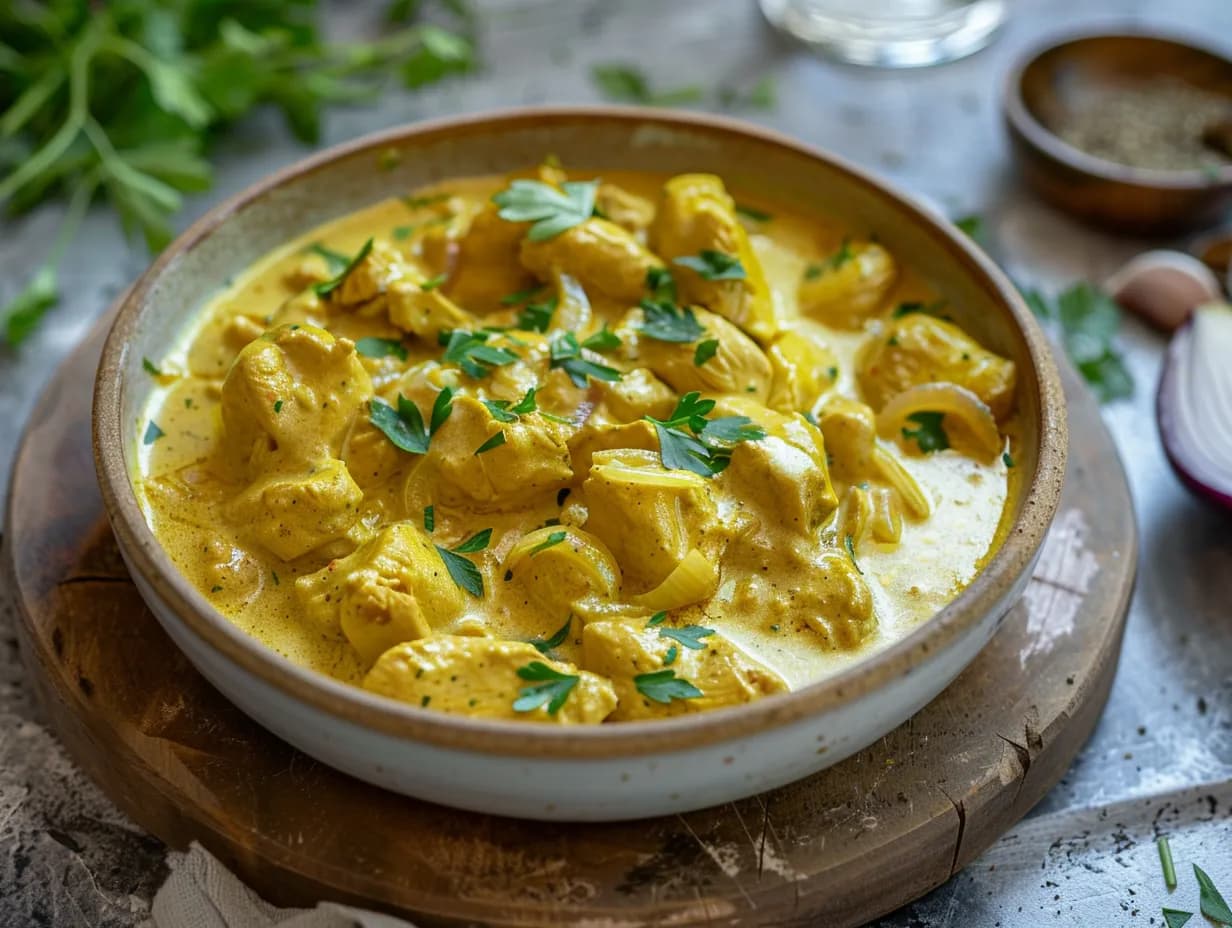 En rykande varm tallrik kyckling med curry serverad med fluffigt ris och persilja på ett rustikt träbord.