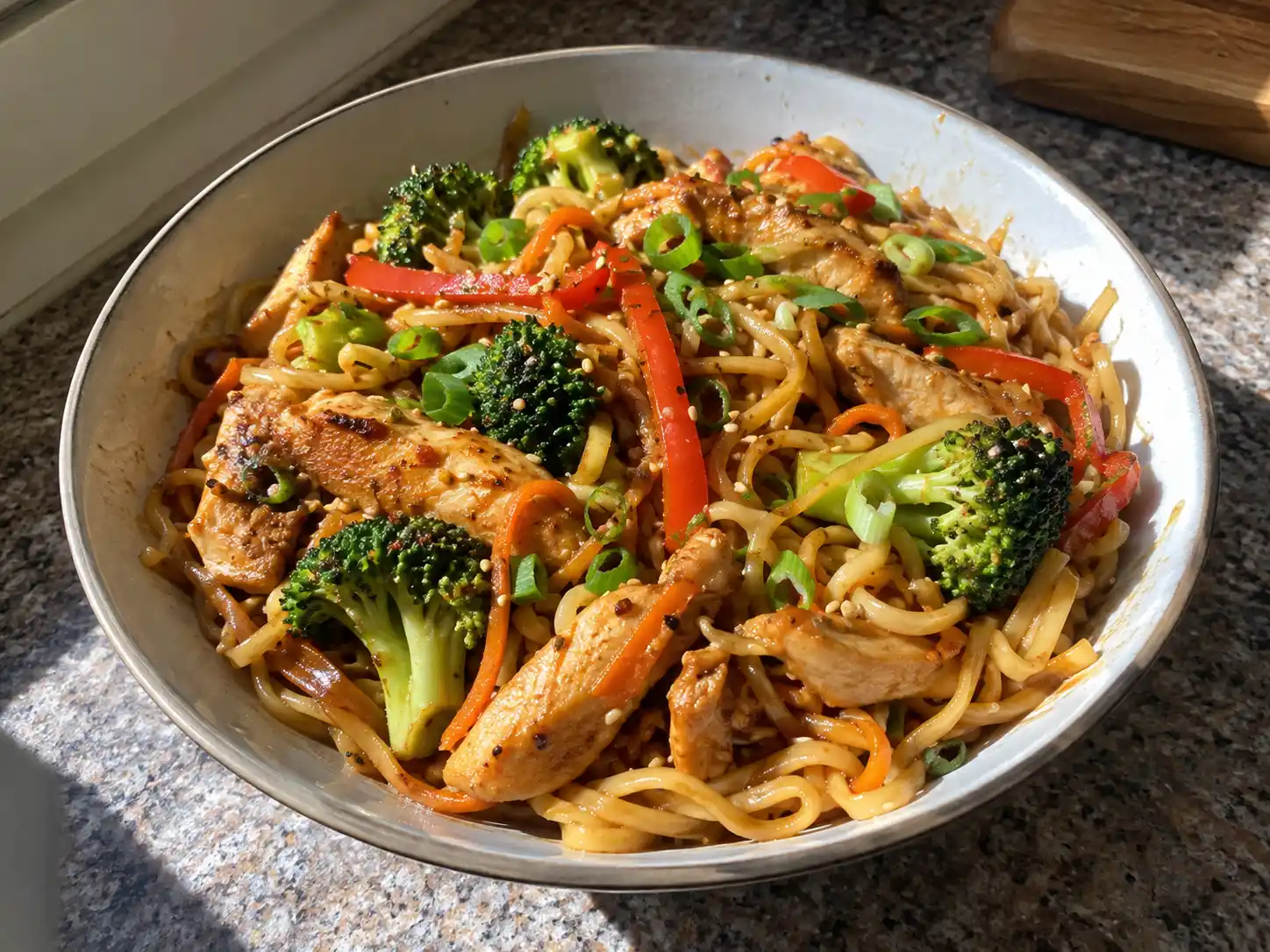 kyckling nudlar med stekt kyckling, äggnudlar, broccoli och röd paprika i en enkel woksås