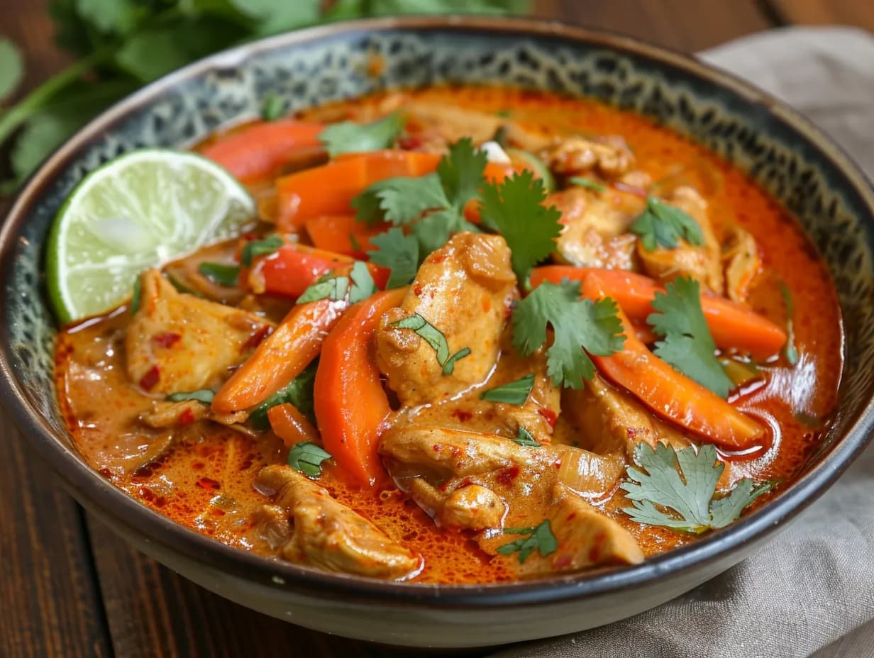 En skål med aromatisk kyckling röd curry i krämig kokossås toppad med färsk koriander och limeklyftor.