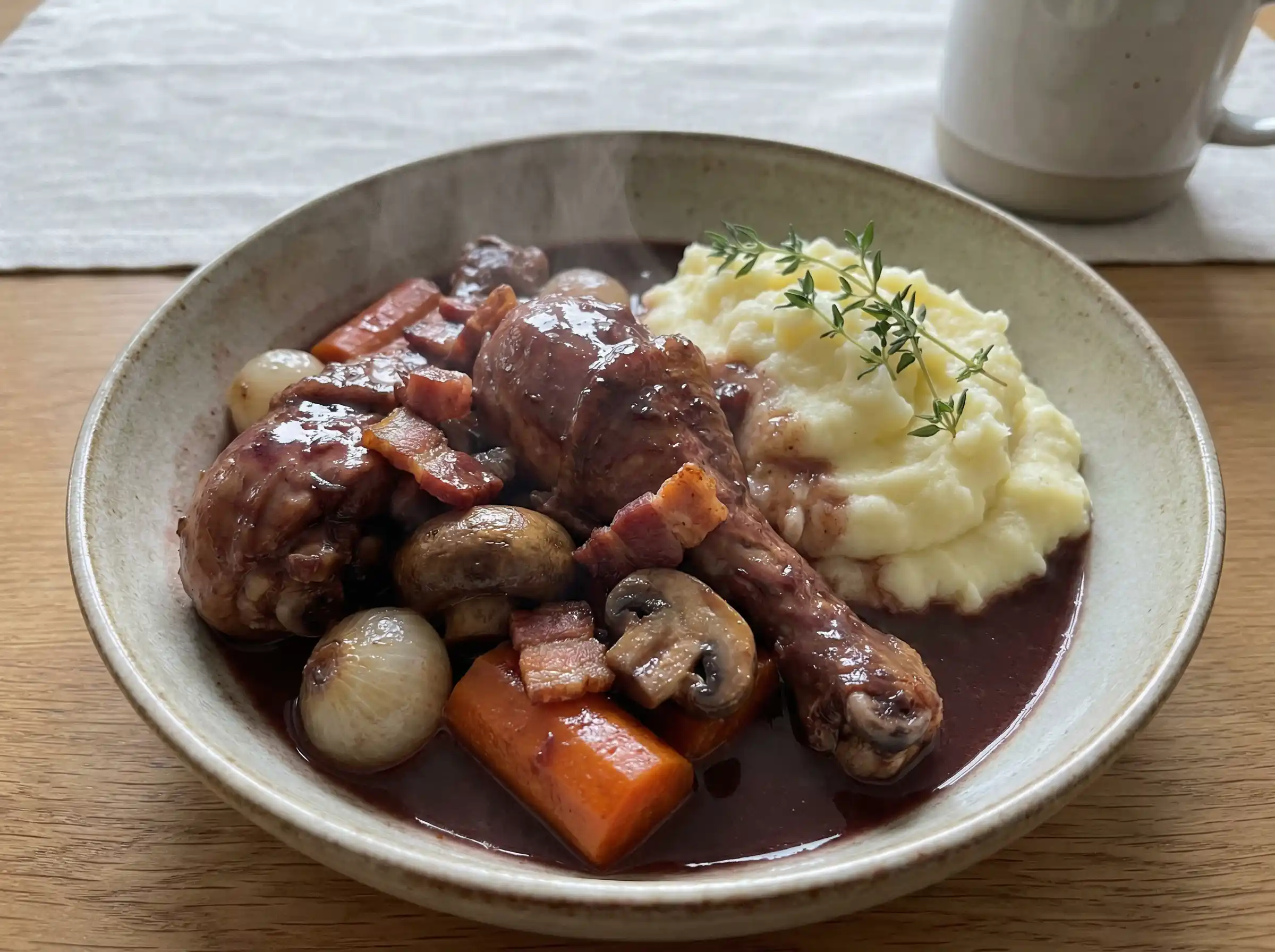 kycklingben gryta i djup tallrik med rödvinssås, champinjoner, steklök och morot, serverad varm med rustik känsla.