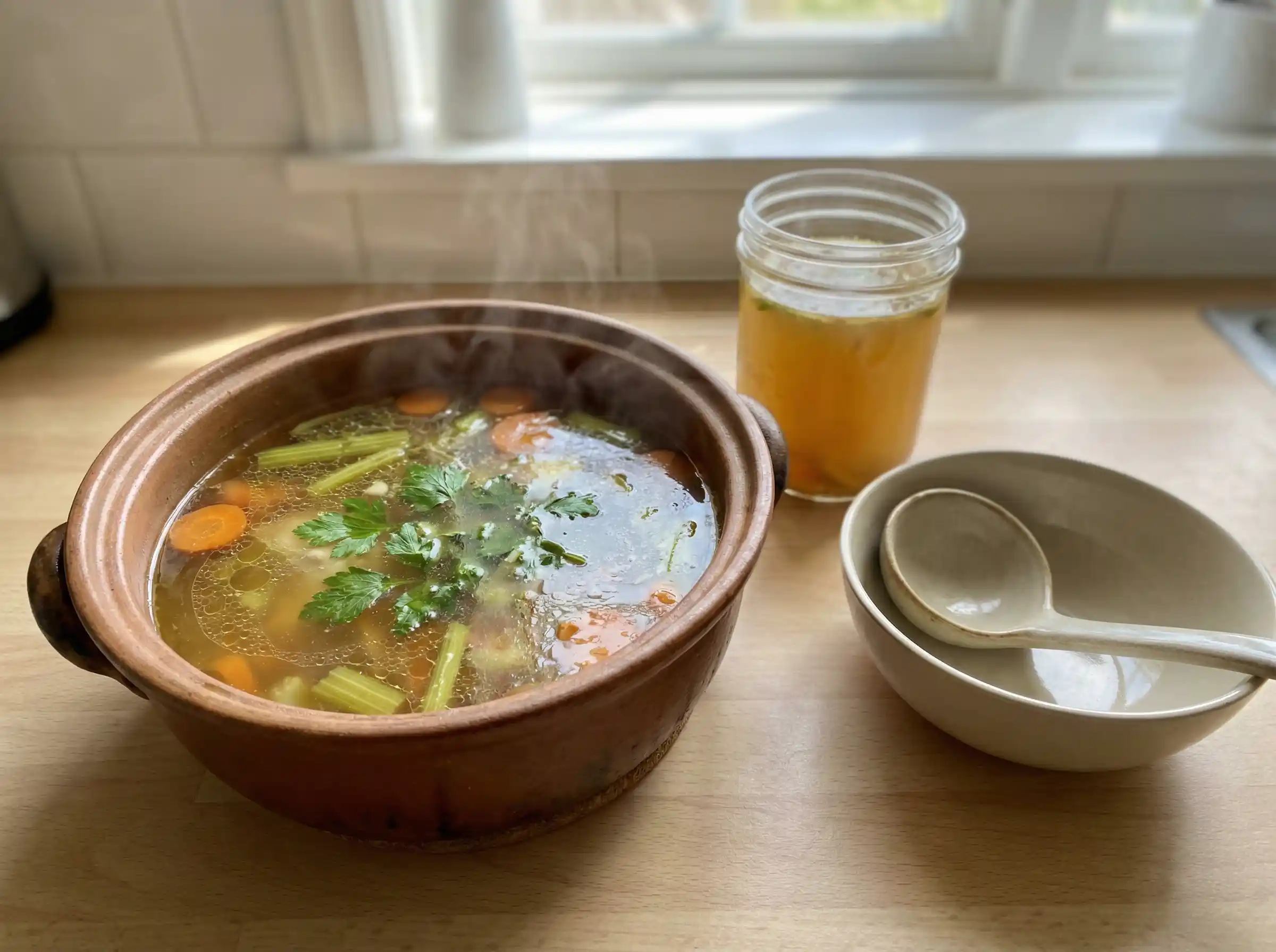 Kycklingbuljong i kastrull med klar gyllene buljong, morot, selleri och örter som ger djup smak i hemmaköket.