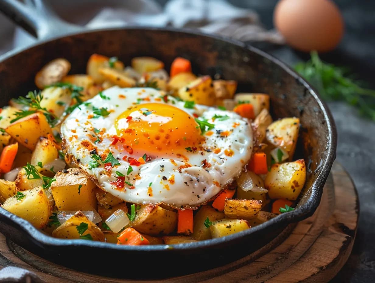 En stekpanna fylld med gyllenbrun kycklingfärs pytt i panna blandad med tärnad potatis och morot toppad med ett stekt ägg.