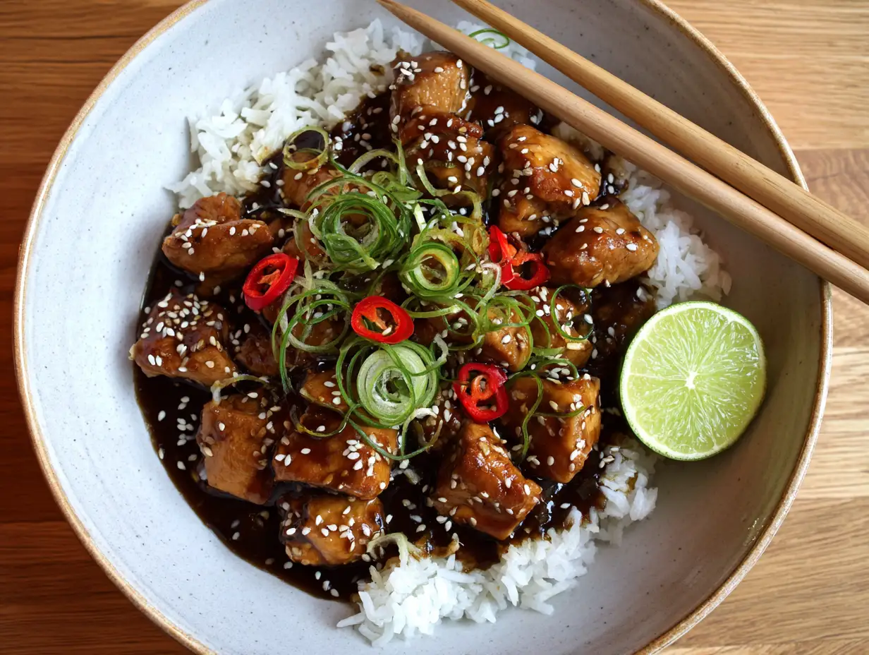kycklingfärs recept asiatiskt i wok med soja, ingefära och sesamfrön serverat på tallrik med jasminris