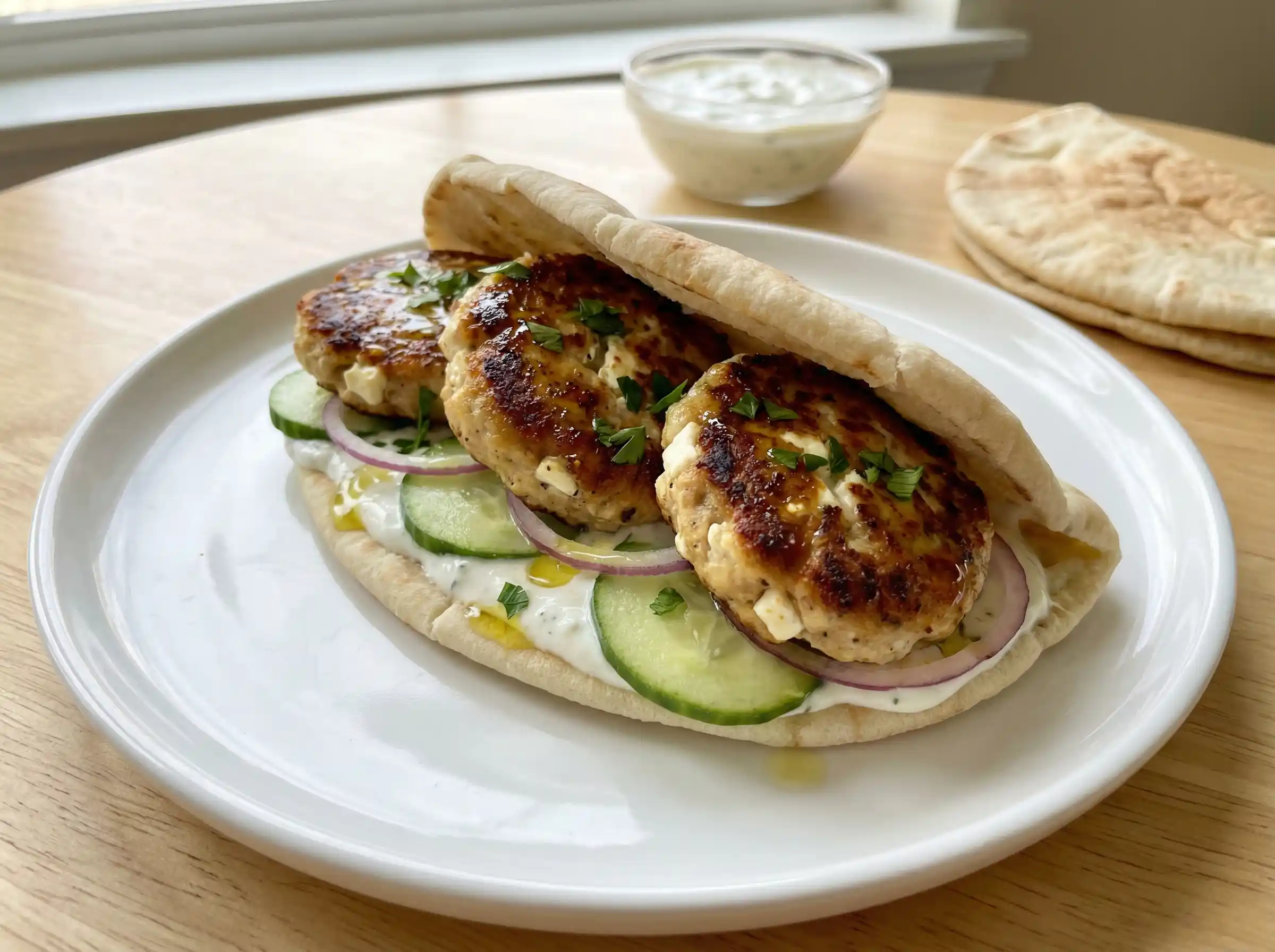 kycklingfärsbiffar med fetaost serverade i pitabröd med citronyoghurt, gurka och rödlök på en ljus tallrik.