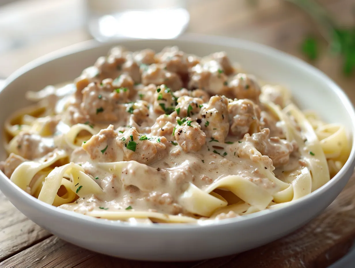 En närbild på en djup tallrik med rykande varm kycklingfärssås till pasta toppad med färska örter och krämig sås.