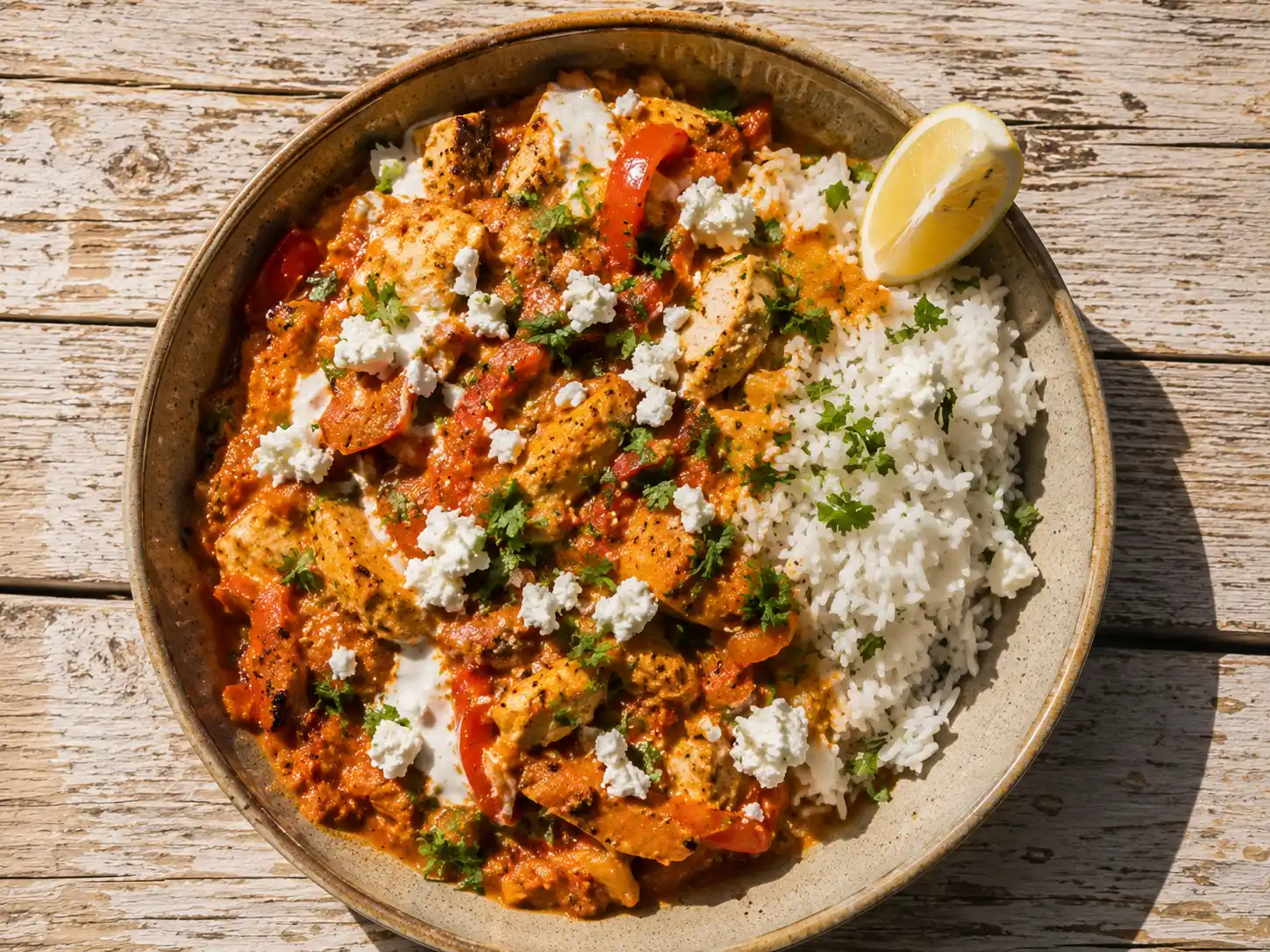 Kycklingkebab gryta i en djup tallrik med ris, röd tomatsås med paprikabitar och crème fraîche drizzlad över, sedd uppifrån.