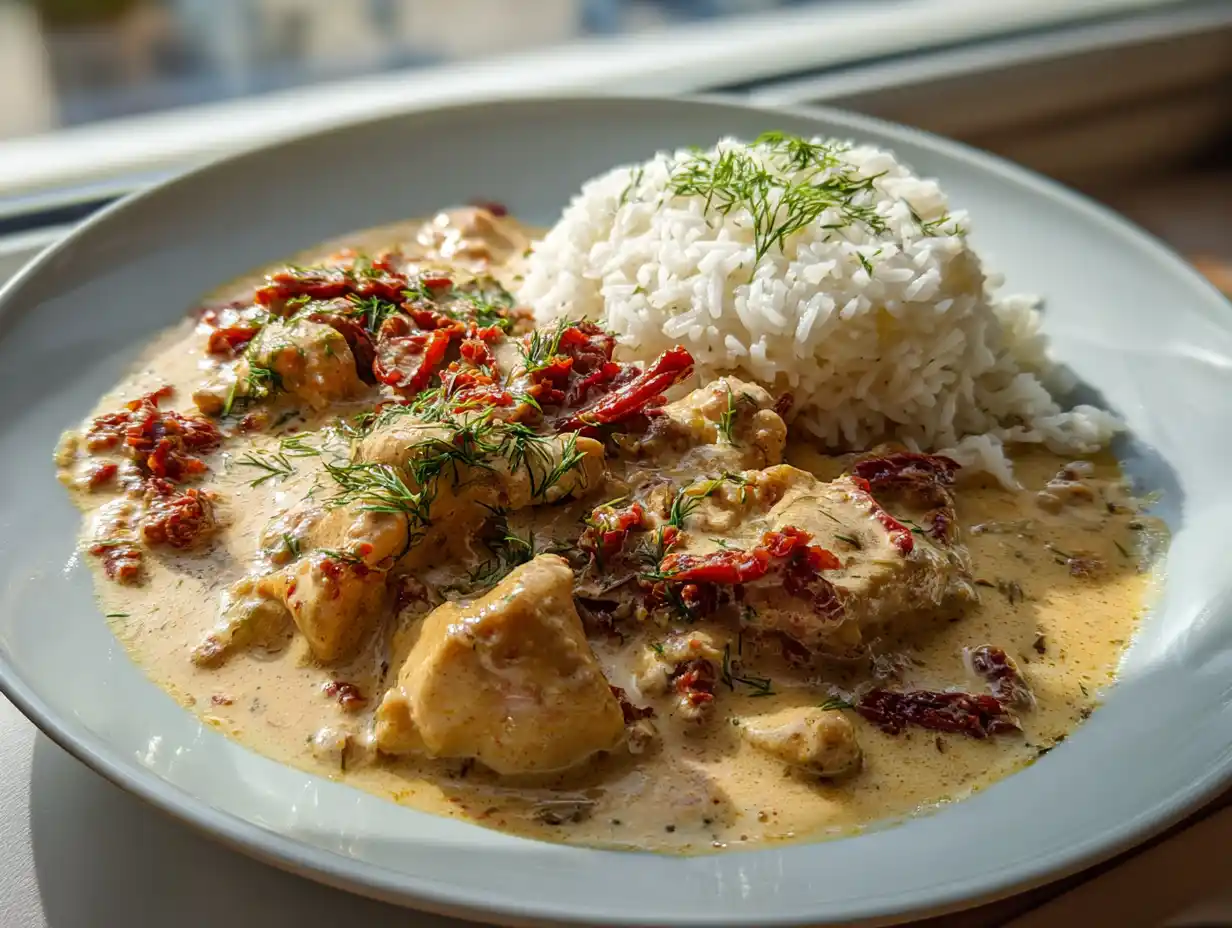 Kycklinglårfilé creme fraiche med soltorkade tomater i krämig sås serverad med ris.