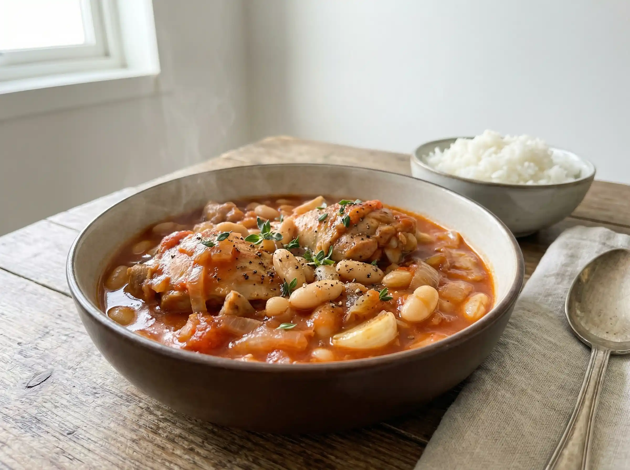 kycklinglårfile gryta i djup tallrik med tomatsås, vita bönor, mjuk lök och färsk timjan på ljus bakgrund.