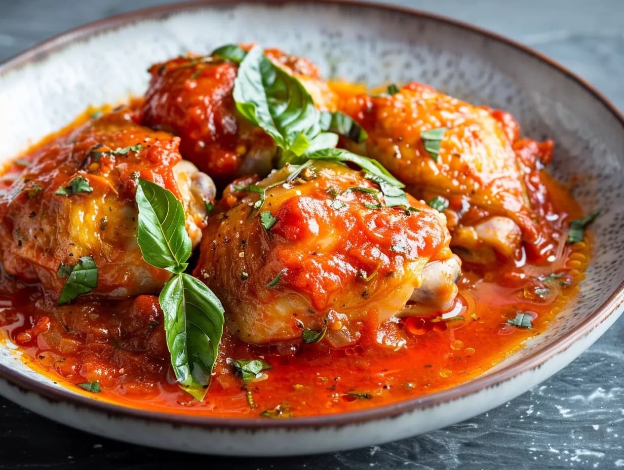 En mustig kycklinglårfilé i tomatsås toppad med färsk basilika serverad i en djup tallrik bredvid nykokt pasta.