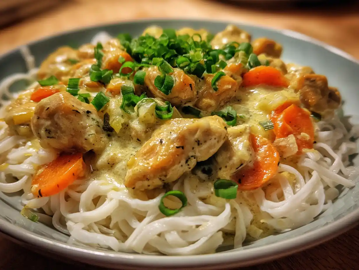 Kycklinglårfilé kokosmjölk i krämig lime- och ingefärssås toppad med salladslök.