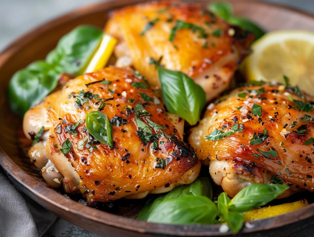 Gyllenbrun kycklinglårfilé med örtmarinad serverad med citronklyftor och färsk timjan på en tallrik.